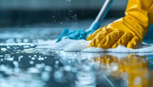 Worker uses labeled cleaning products and microfiber cloths on a tiled facility floor.