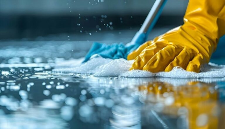 Worker uses labeled cleaning products and microfiber cloths on a tiled facility floor.